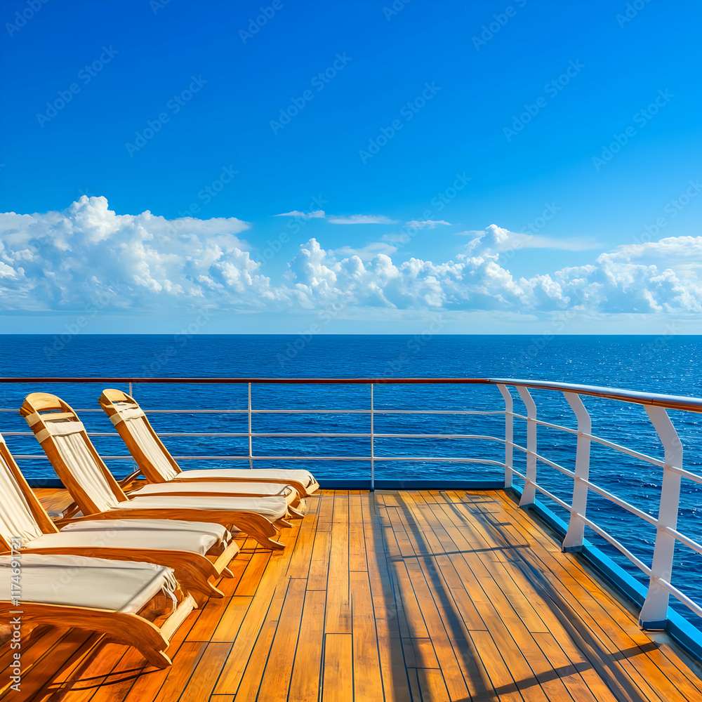 Ocean Cruise Deck Photo: Wooden Deck, Blue Sea, Clouds Ocean Cruise Deck Photo: Wooden Deck, Blue Sea, Clouds