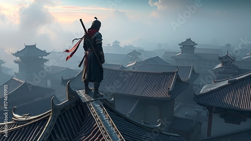 Ninja standing at rooftop of old chinese building photo