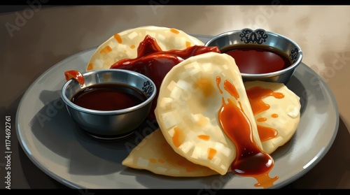 Steaming dumplings with savory sauce, close-up shot, ideal for food blogs and restaurant menus.