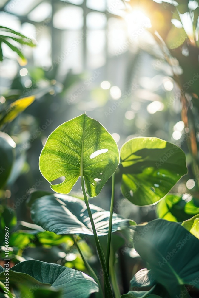 Obraz premium Sunlight filters through greenhouse, illuminating vibrant green leaves and showcasing the beauty of nature in cool blue tones
