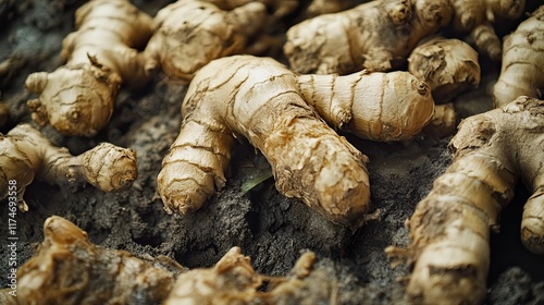 Fresh ginger roots harvested from soil, close-up view.  Use Food ingredient. photo