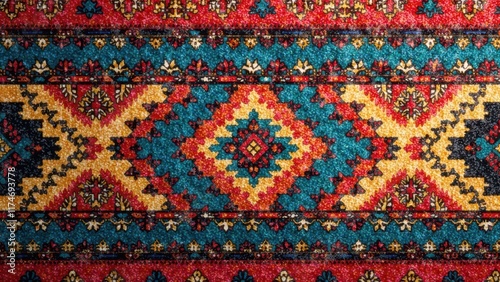 Vibrant textile with intricate geometric patterns and rich color palette featuring symmetrical designs, ideal for home decor or fashion applications