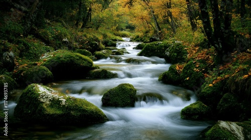 Serene River Valley with Red Rock Outcroppings and Autumnal Forest