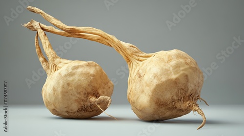 Two maca roots on gray background, healthy food. photo