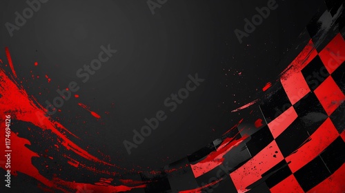 Abstract checkered racing flag design with red and black paint splatter. photo