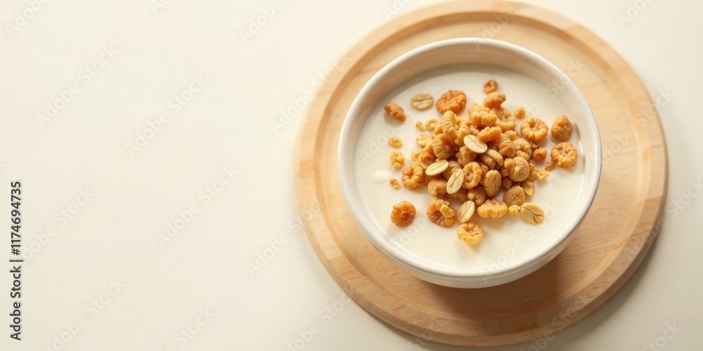 A creamy bowl of yogurt topped with crunchy granola cereal, served on a simple wooden tray, a delightful and healthy breakfast A creamy bowl of yogurt topped with crunchy granola cereal, served on a simple wooden tray, a delightful and healthy breakfast