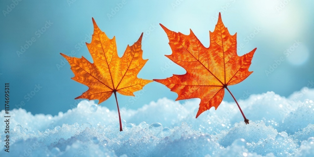 Two vibrant autumn leaves rest gently atop a pristine blanket of glistening snow, a breathtaking juxtaposition of seasonal beauty. Two vibrant autumn leaves rest gently atop a pristine blanket of glistening snow, a breathtaking juxtaposition of seasonal beauty.