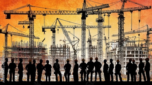 Construction Workers Silhouettes Against a Sunset Backdrop of Tower Cranes and Buildings Under Construction photo