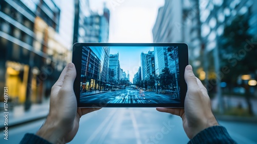 Tablet Displays Cityscape View From Hands photo