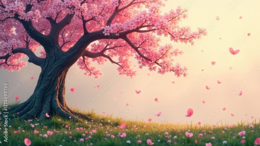Fototapeta premium Serene Blossoms Falling Gently on a Spring Meadow Underneath a Majestic Pink Tree