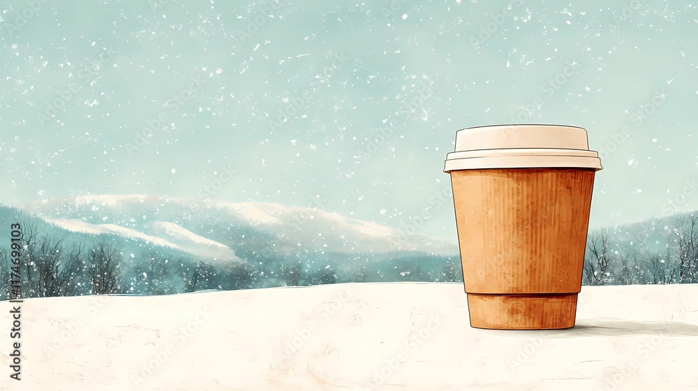 Winter background with a steaming coffee mug on snow-covered ground, evoking warmth and comfort, perfect for seasonal designs, book illustration style