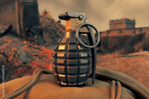 A detailed closeup of a militarystyle hand grenade rests on a textured surface. The background depicts a wartorn landscape, suggesting conflict or aftermath. photo