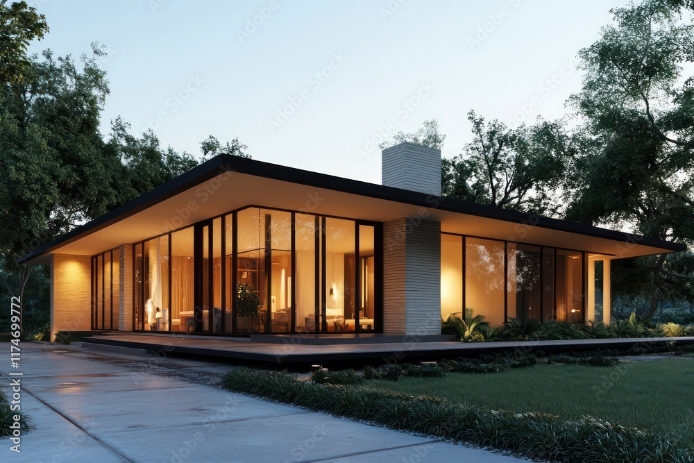 A mid-century modern house with angular walls, large windows, and a flat roof