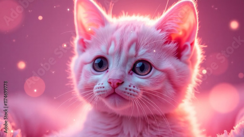 Close-up of an adorable and magical cat with soft pink fur, glowing eyes. Cute Cat close up. Design. Portrait of a Kitten. Kitten on a pink background. Postcard. Valentine's Day.