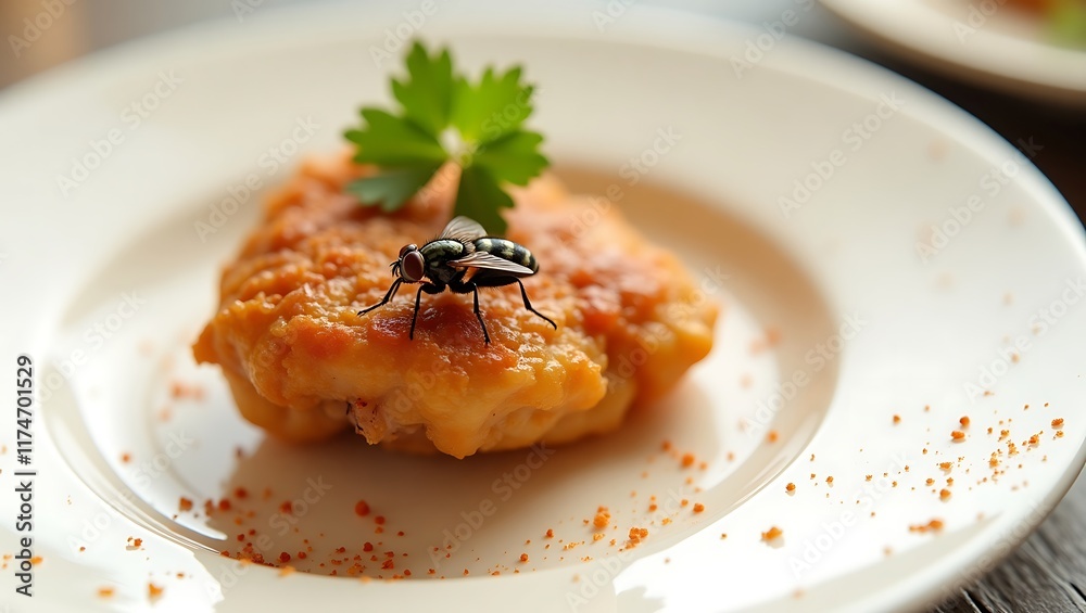 Close-Up of a Housefly on a chicken nugget on a White Plate Highlighting Food Contamination, Hygiene Concerns, and Pest Issues Close-Up of a Housefly on a chicken nugget on a White Plate Highlighting Food Contamination, Hygiene Concerns, and Pest Issues