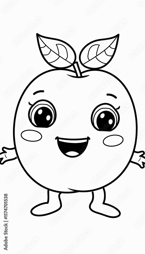 A cheerful apple character with big eyes and a wide smile. Perfect for coloring pages, children's books, or educational materials. A cheerful apple character with big eyes and a wide smile. Perfect for coloring pages, children's books, or educational materials.