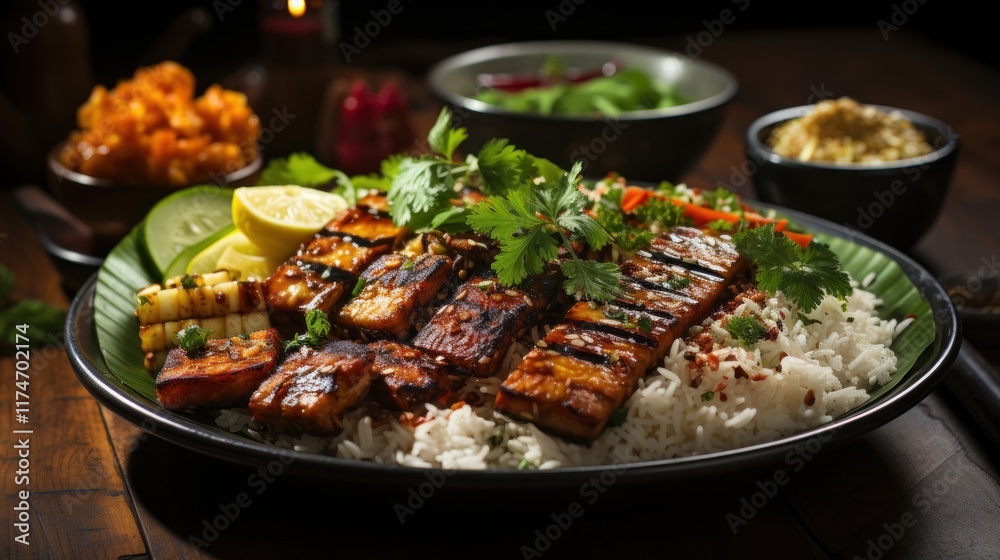 Fototapeta premium Delicious Grilled Tofu with Rice and Fresh Vegetables