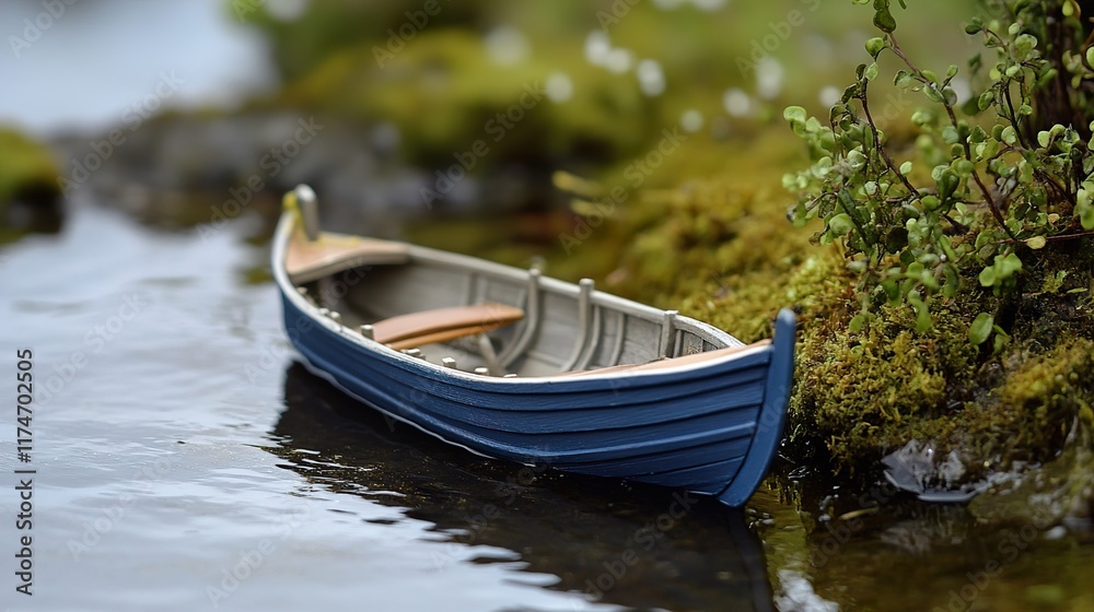 Obraz premium Miniature Boat on a Calm River: A Serene Escape