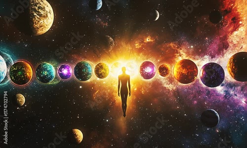 Cosmic Journey: A Silhouette Transcending the Multiverse
