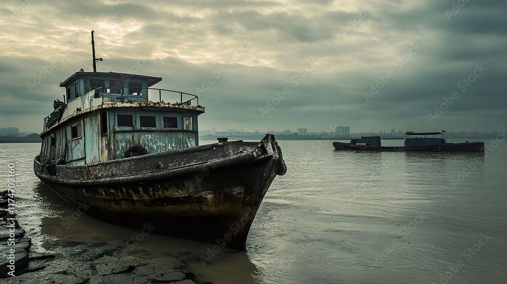 Obraz premium Abandoned Ship on a Cloudy River