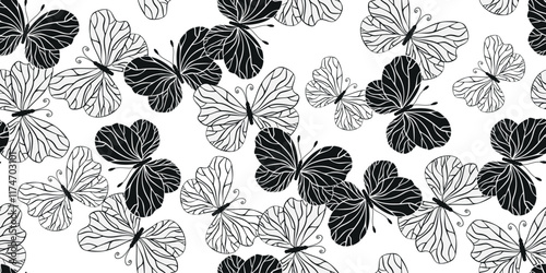 Two-color simple seamless pattern with hand drawn white and black butterflies on a transparent background