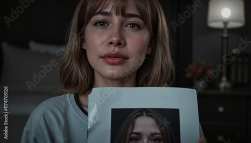 Young girl holding missing person poster in dim room, awareness campaign