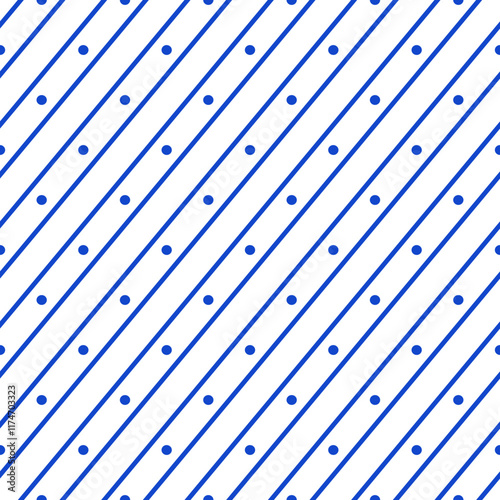 seamless pattern features diagonal blue lines and dots on a white background, creating a modern and stylish geometric design perfect for textiles and wallpapers