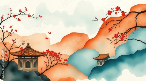 Asian landscape painting, tranquil mountains, blooming trees, pagodas, serene scene, home decor.