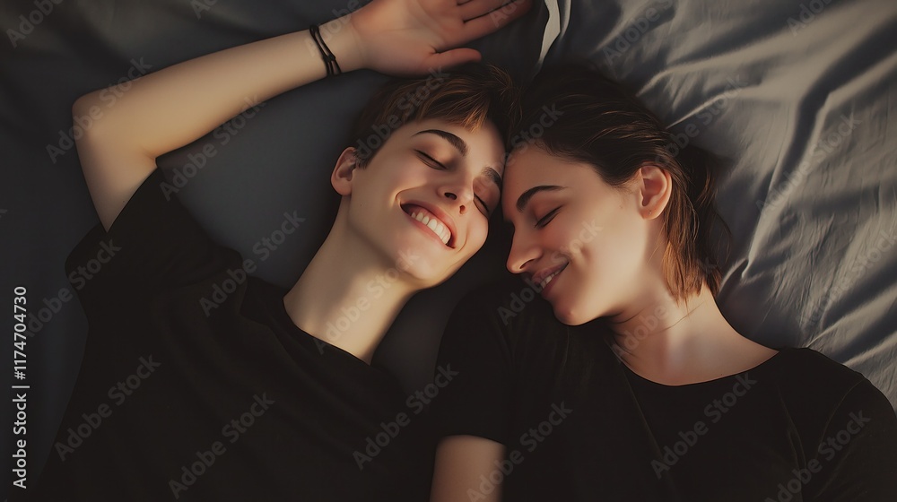 Two joyful individuals share a loving embrace as they lie on the bed, basking in the warmth of their connection, completely at ease in each other's presence Two joyful individuals share a loving embrace as they lie on the bed, basking in the warmth of their connection, completely at ease in each other's presence