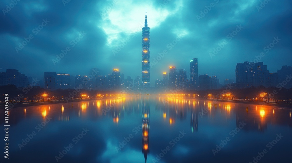 Fototapeta premium Night cityscape with skyscraper reflecting in water, shrouded in fog.