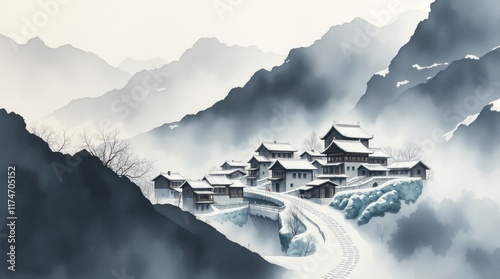 Snowy mountain village winter scene; tranquil Asian landscape; peaceful travel postcard.