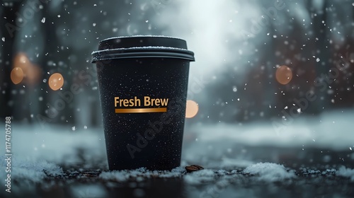 Coffee mug on a frosty table with snowflakes in the air, capturing the essence of winter, book illustration style