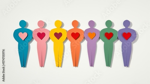 A vibrant and meaningful paper cutouts of human figures arranged neatly in a line. Paper cuts of people in rainbow colors holding hands side by side with all of them with a heart shape on them