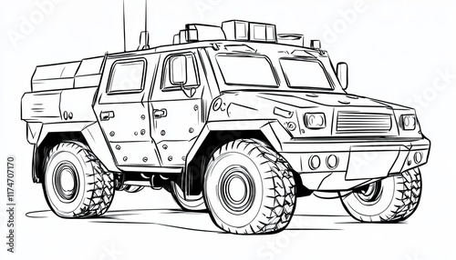 A rugged off-road military vehicle. Ideal for coloring pages, educational materials, or illustrating tactical situations.