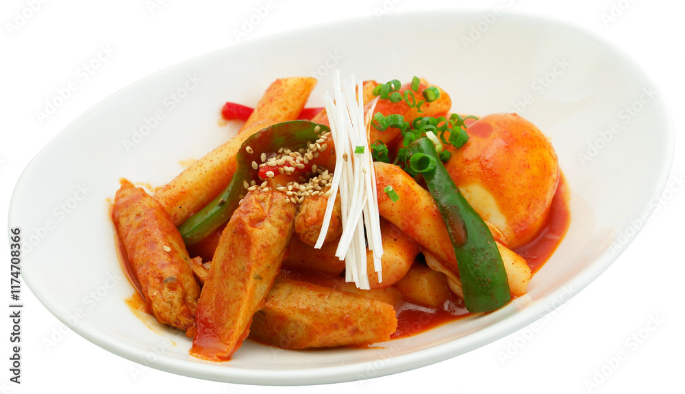 Toppoki, Spicy Korean Rice Cake Dish with Fish Cake and Vegetables Toppoki, Spicy Korean Rice Cake Dish with Fish Cake and Vegetables