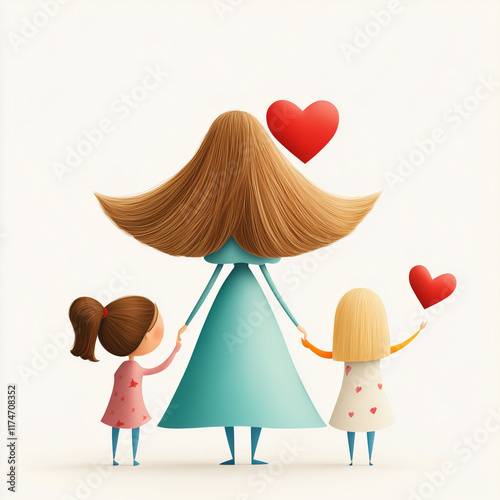 mom with a cape and cap, alongside her children: brown hair and a little blonde girl. Holding hands,  stand together in a back view, symbolizing love, strengh unity photo