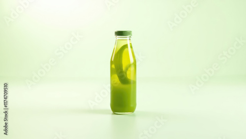 Pure Aloe Vera Juice in Transparent Glass Bottle Isolated on Clean White Surface. photo