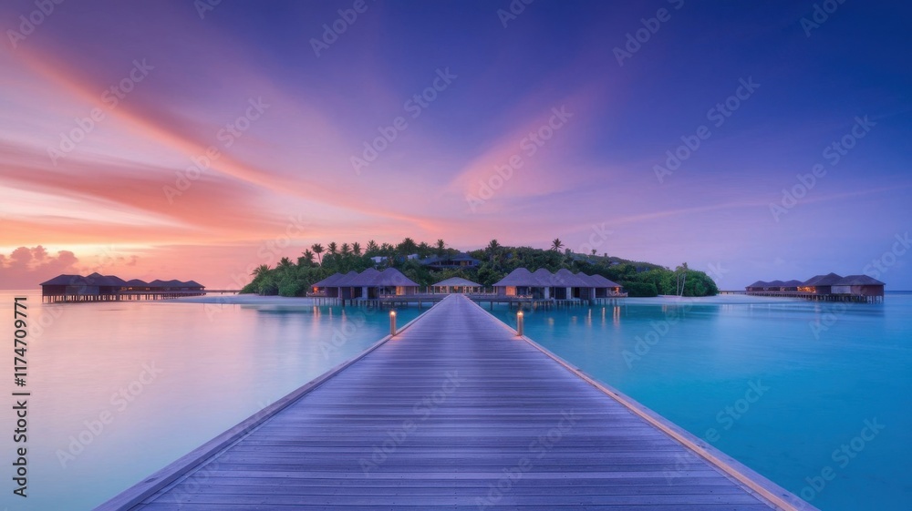 Obraz premium Luxury resort overwater villas at sunset with a wooden pier, calm sea reflections, and a colorful sky