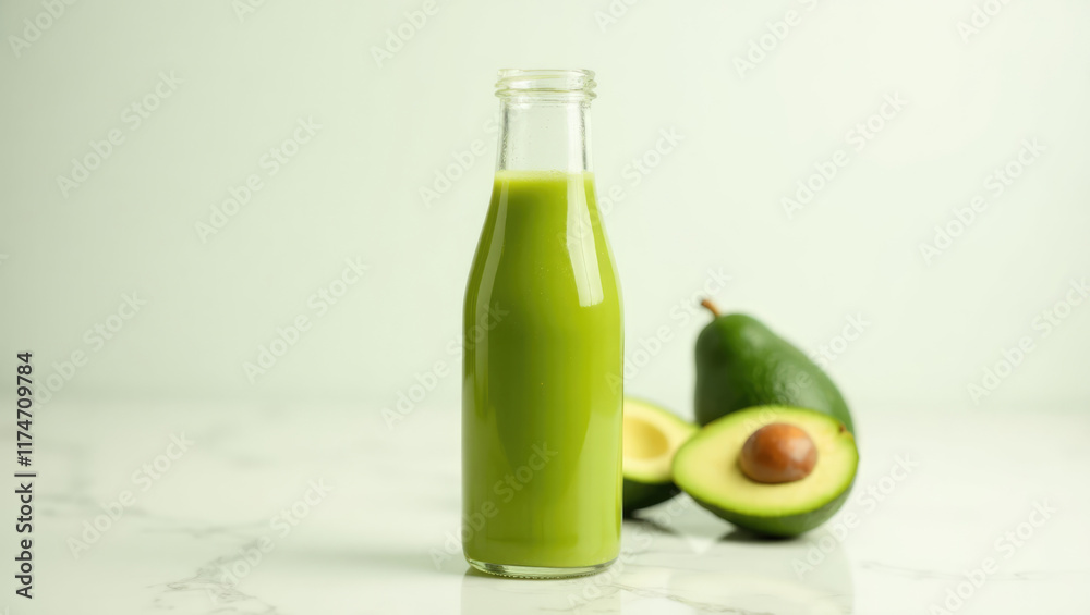 Fresh Avocado Juice in a Transparent Glass Bottle Isolated on White. Fresh Avocado Juice in a Transparent Glass Bottle Isolated on White.