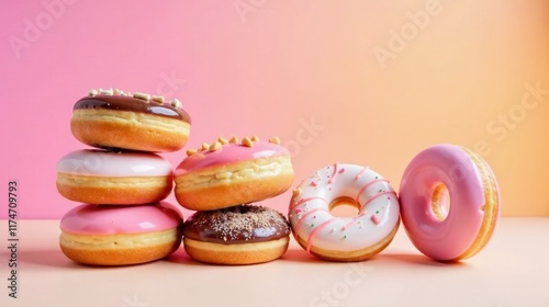 Wallpaper Mural A delightful assortment of sweet treats, showcasing a variety of delectable donut flavors and colorful icings, arranged artistically against a soft pastel background. Torontodigital.ca