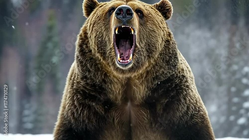 Roaring bear in winter forest captured in dynamic closeup sequence