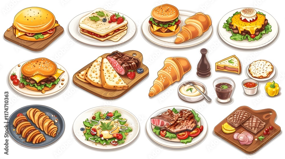 Detailed of Various Appetizing Food Dishes on White Background