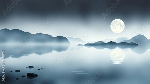 Serene moonlit lake, misty mountains, calm reflection, peaceful night scene; ideal for relaxation or travel themes.