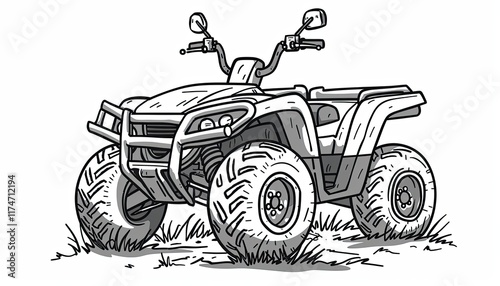 A monochrome sketch of an ATV. Ideal for outdoor adventure logos, apparel prints, or coloring book illustrations. photo