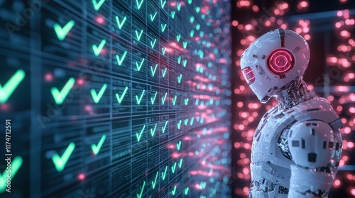 Futuristic robot analyzing data validation with green checkmarks for AI efficiency and automation