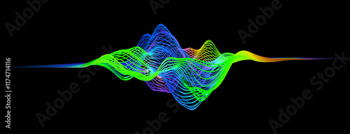 Abstract winding lines of different colors on a black background. Vector illustration in concept technology, science, music, modernity.