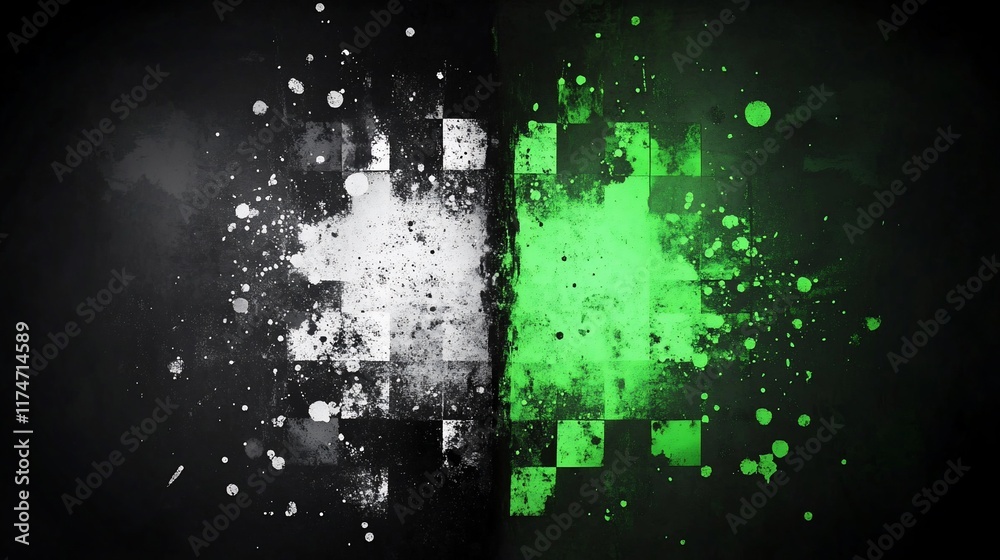 Obraz premium Abstract graphic design with contrasting white and lime green colors, splatter effect, and checkered pattern.