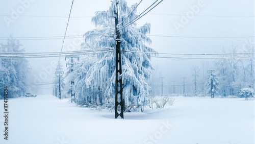 Wallpaper Mural serene winter scene showcases heavy snowfall blanketing the ground. Snow-laden trees tower next to power lines, creating a tranquil yet striking atmosphere in this remote area Torontodigital.ca