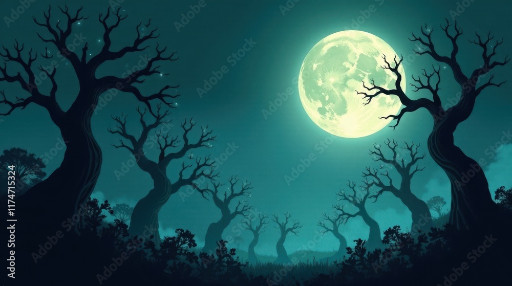 Enigmatic Moonlight Illuminates a Grove of Silhouetted, Leafless Trees on a Mystical Night Enigmatic Moonlight Illuminates a Grove of Silhouetted, Leafless Trees on a Mystical Night