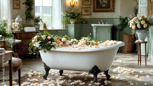 vintage bathroom features a white freestanding bathtub filled with beautiful roses and flowers, creating a serene atmosphere enhanced by soft natural light and tasteful decor